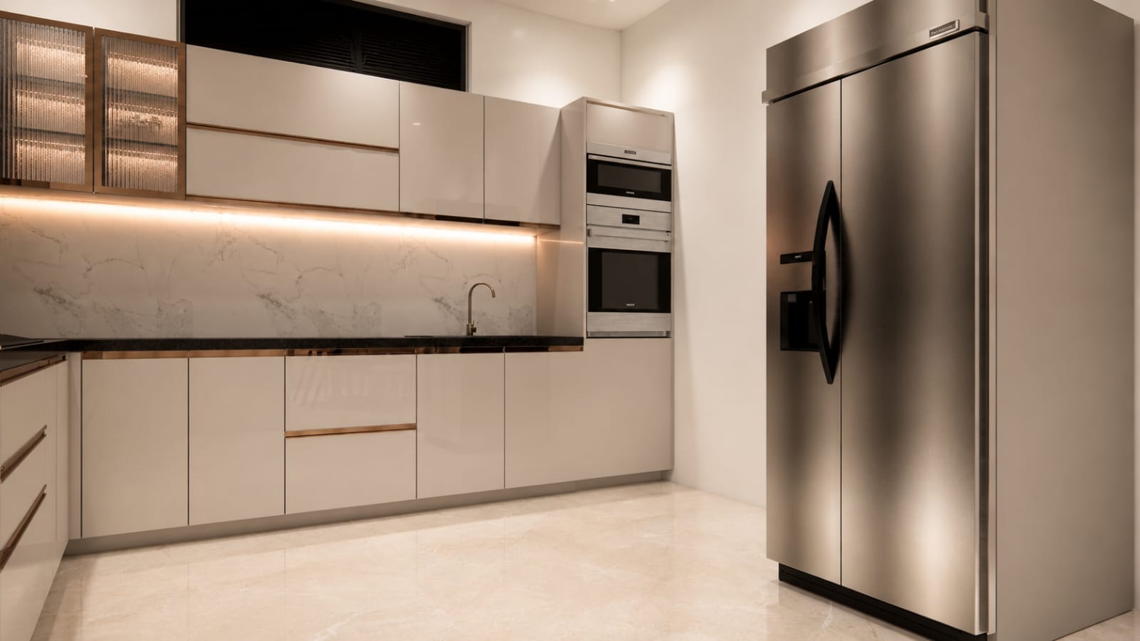 L-shaped kitchen with marble backsplash